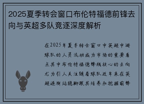 2025夏季转会窗口布伦特福德前锋去向与英超多队竞逐深度解析 2025夏季转会窗口布伦特福德前锋去向与英超多队竞逐深度解析