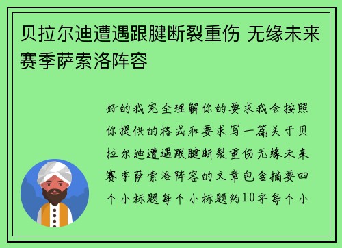 贝拉尔迪遭遇跟腱断裂重伤 无缘未来赛季萨索洛阵容 贝拉尔迪遭遇跟腱断裂重伤 无缘未来赛季萨索洛阵容
