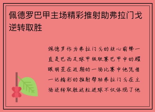 佩德罗巴甲主场精彩推射助弗拉门戈逆转取胜 佩德罗巴甲主场精彩推射助弗拉门戈逆转取胜